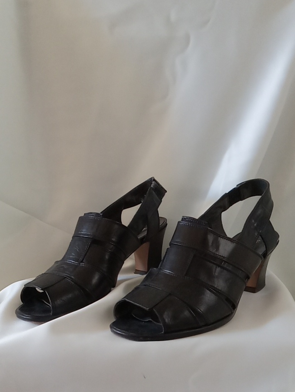 Women's Black Leather Woven Slingback Heels